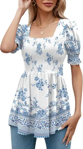 LOMON Women's Tunics Square Neck Puff Short Sleeve Smocked Top Ladies Peplum Blouse Tee Shirts 2025 Spring Summer S-XL