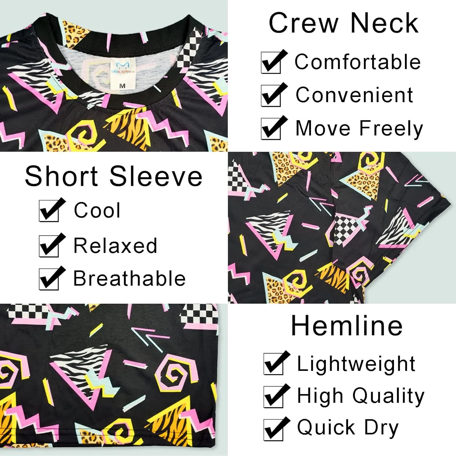 M YESCUSTOM 80s 90s T-Shirts for Men Retro Vintage Hip Hop Disco Party Tee Shirt Neon Big and Tall Summer Beach Outfits