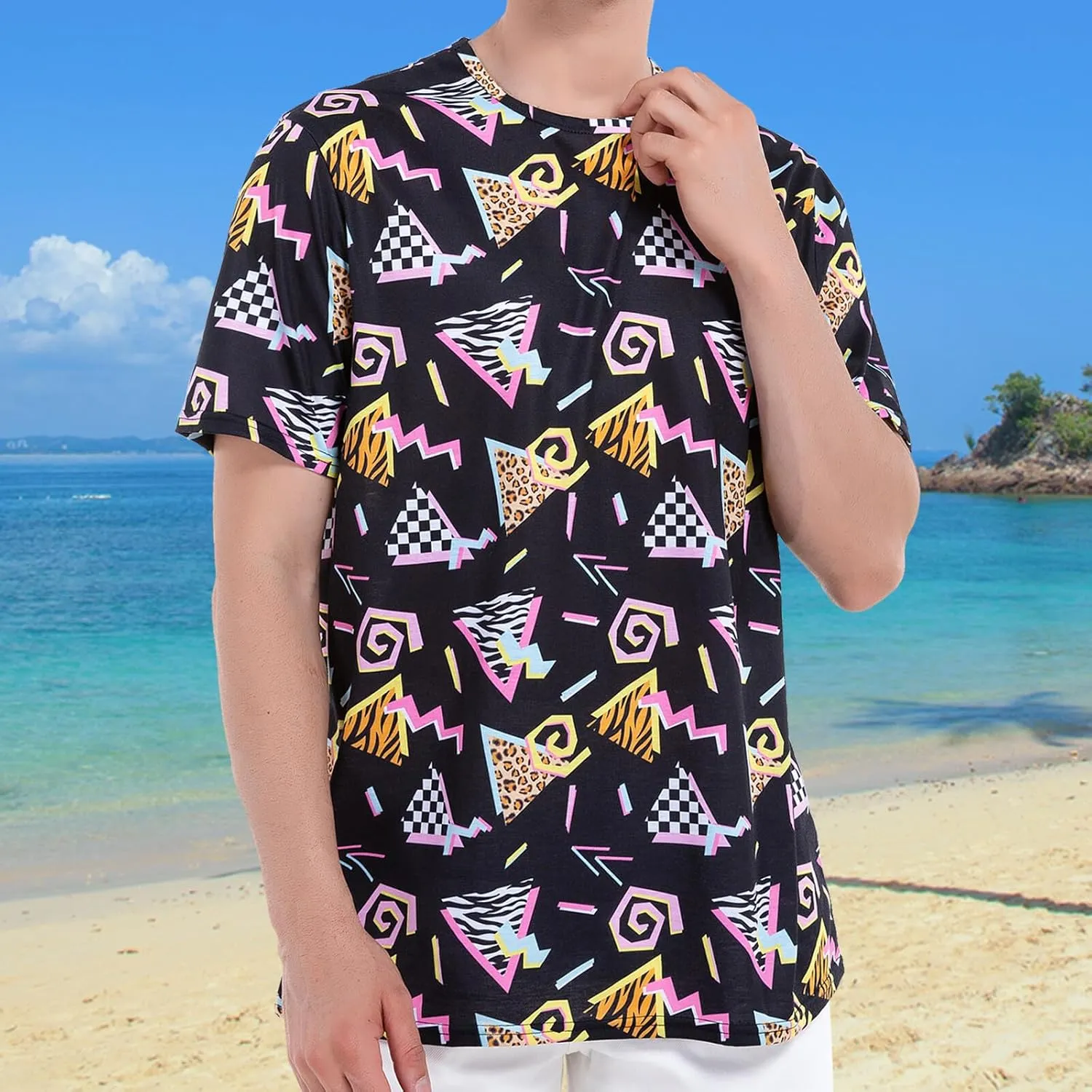 M YESCUSTOM 80s 90s T-Shirts for Men Retro Vintage Hip Hop Disco Party Tee Shirt Neon Big and Tall Summer Beach Outfits