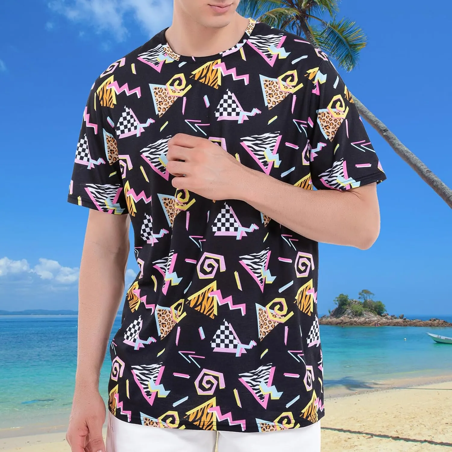 M YESCUSTOM 80s 90s T-Shirts for Men Retro Vintage Hip Hop Disco Party Tee Shirt Neon Big and Tall Summer Beach Outfits