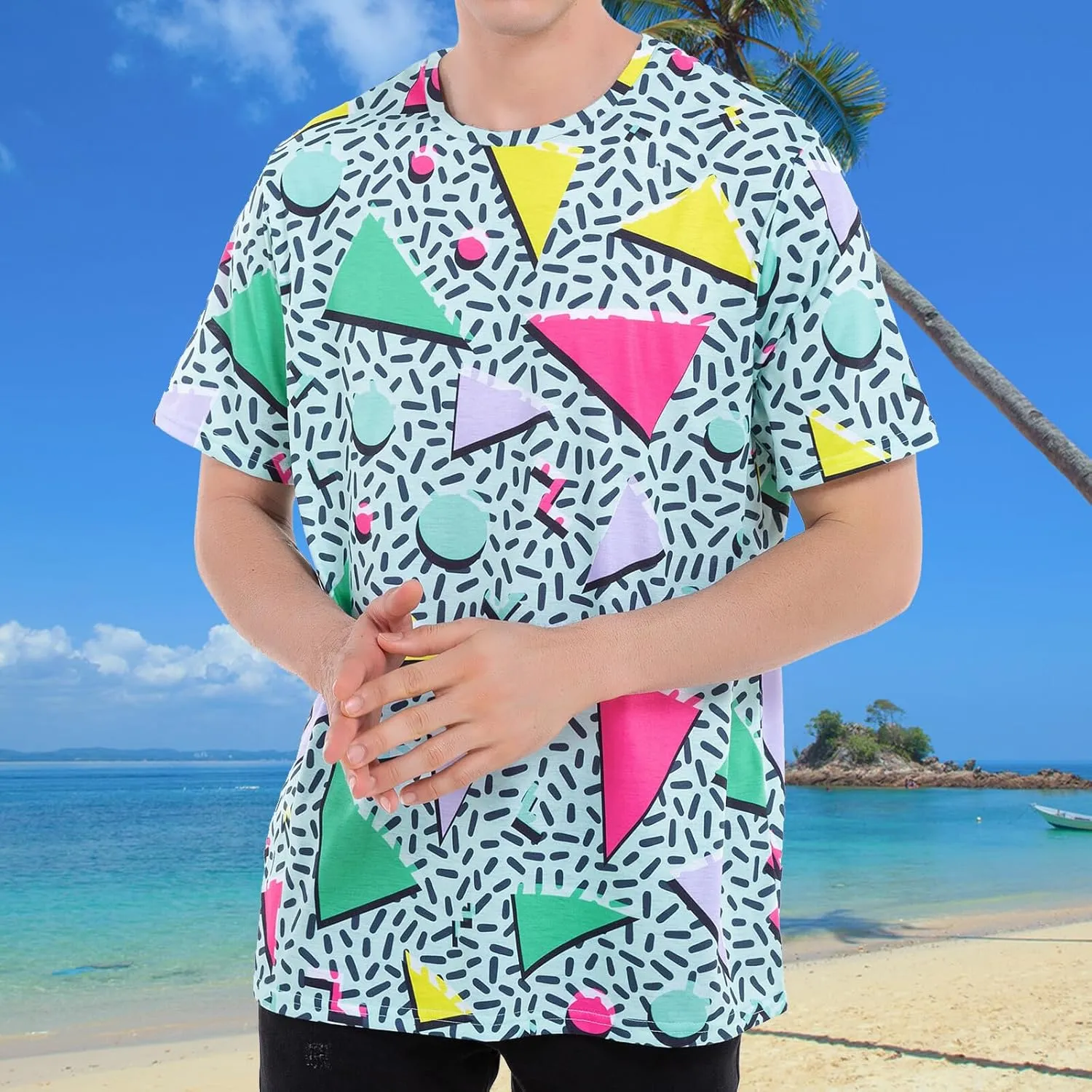 M YESCUSTOM 80s 90s T-Shirts for Men Retro Vintage Hip Hop Disco Party Tee Shirt Neon Big and Tall Summer Beach Outfits