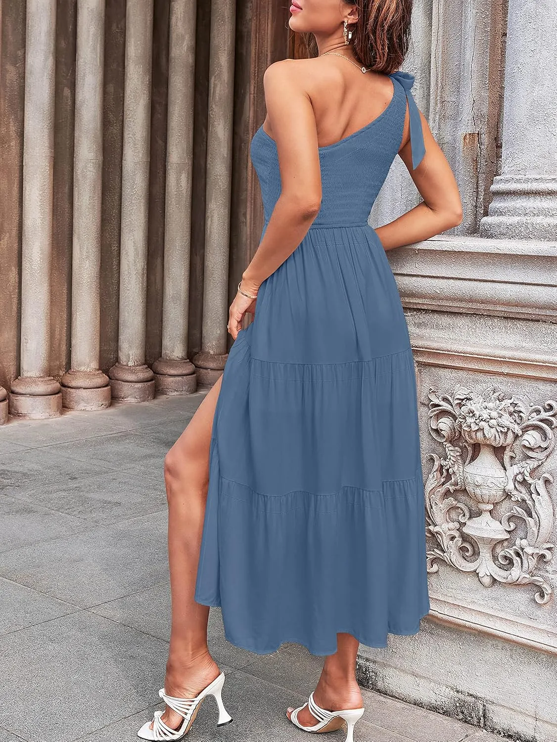 MEROKEETY Women's Summer One Shoulder Sleeveless Knot Smocked Midi Dress Split Tiered Flowy Dresses