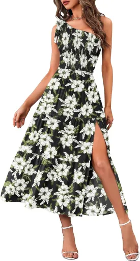MEROKEETY Women's Summer One Shoulder Sleeveless Knot Smocked Midi Dress Split Tiered Flowy Dresses