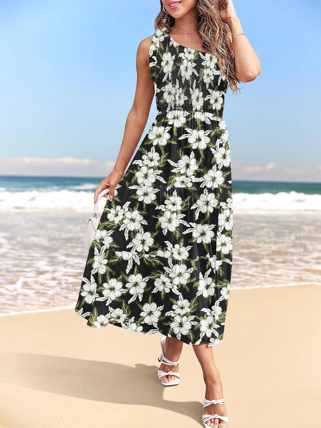 MEROKEETY Women's Summer One Shoulder Sleeveless Knot Smocked Midi Dress Split Tiered Flowy Dresses