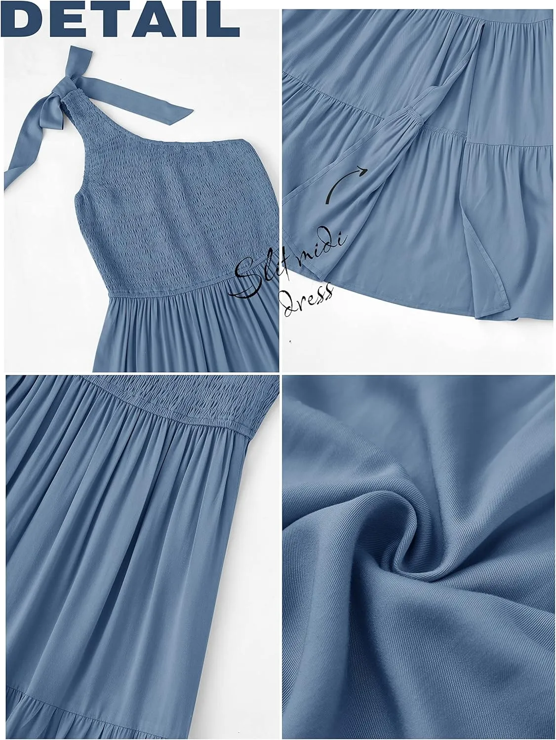 MEROKEETY Women's Summer One Shoulder Sleeveless Knot Smocked Midi Dress Split Tiered Flowy Dresses