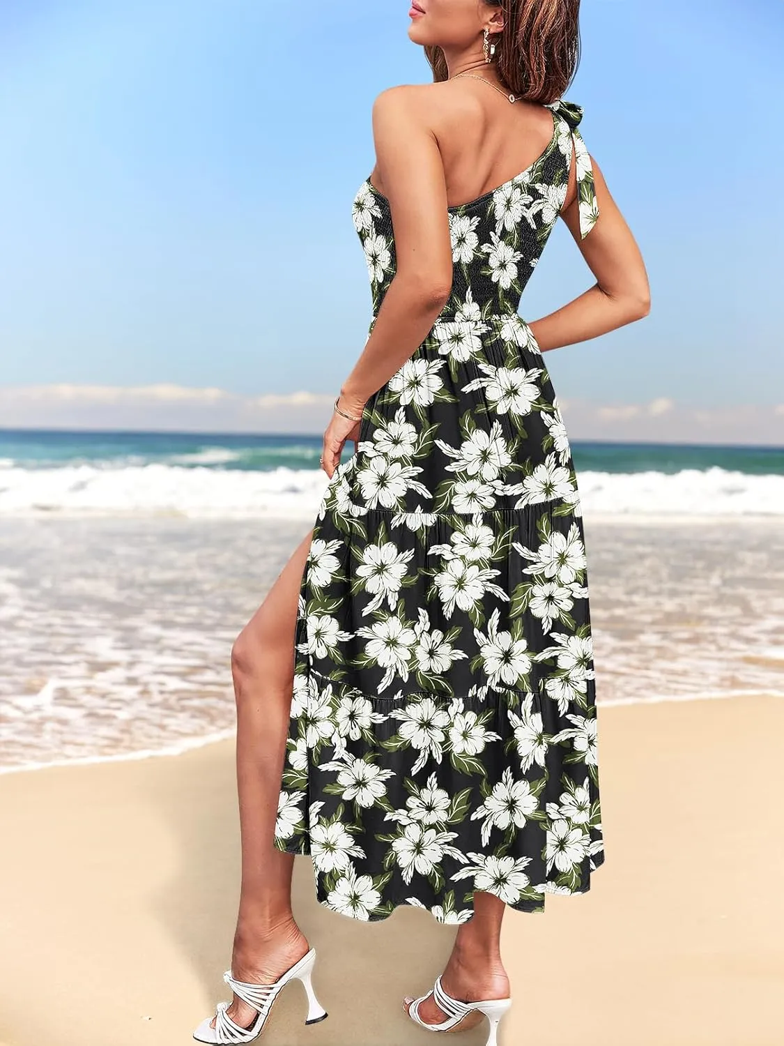 MEROKEETY Women's Summer One Shoulder Sleeveless Knot Smocked Midi Dress Split Tiered Flowy Dresses