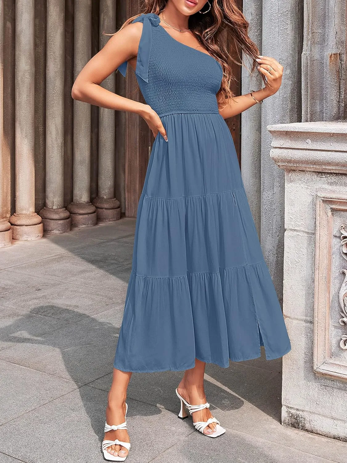 MEROKEETY Women's Summer One Shoulder Sleeveless Knot Smocked Midi Dress Split Tiered Flowy Dresses