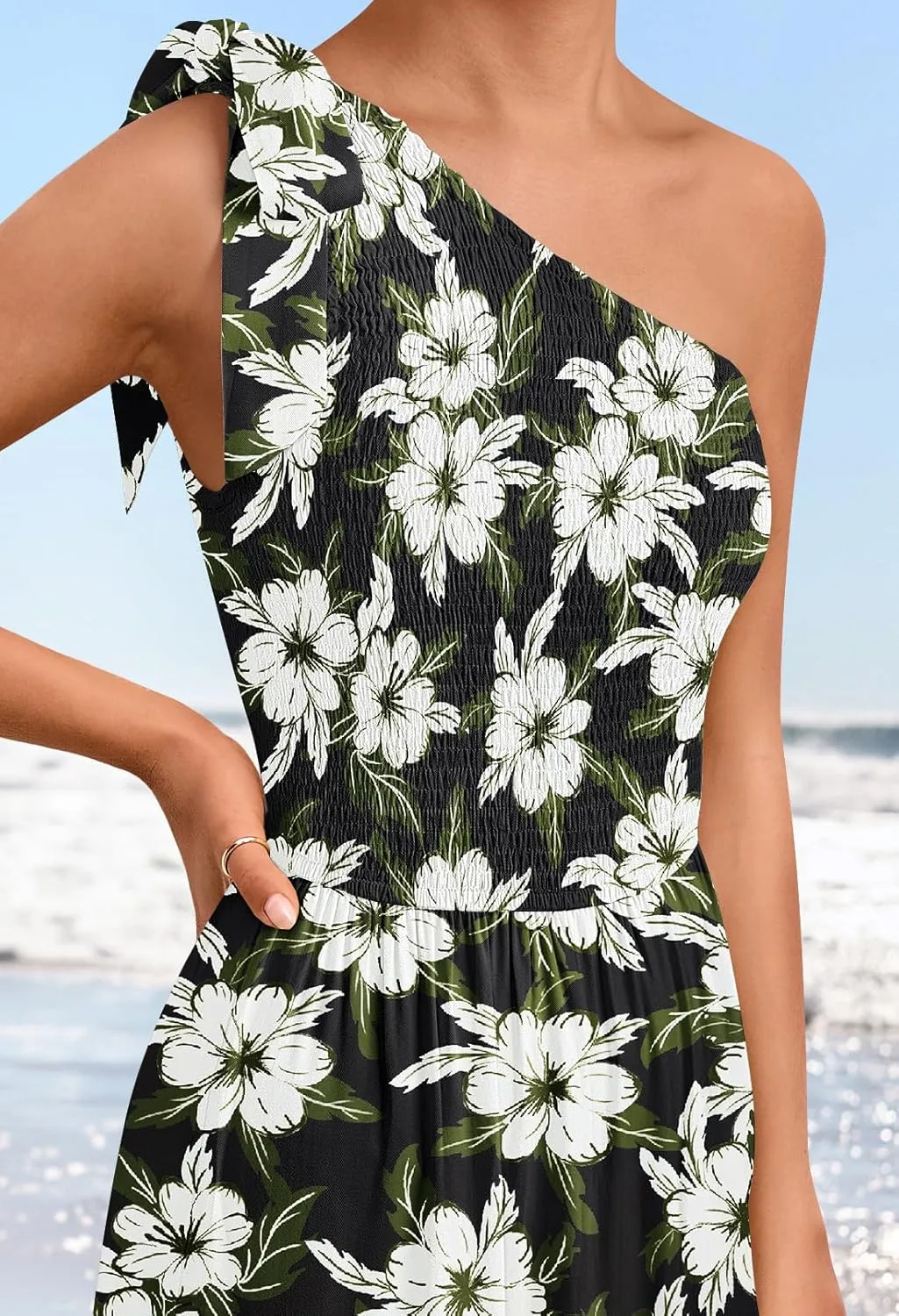 MEROKEETY Women's Summer One Shoulder Sleeveless Knot Smocked Midi Dress Split Tiered Flowy Dresses