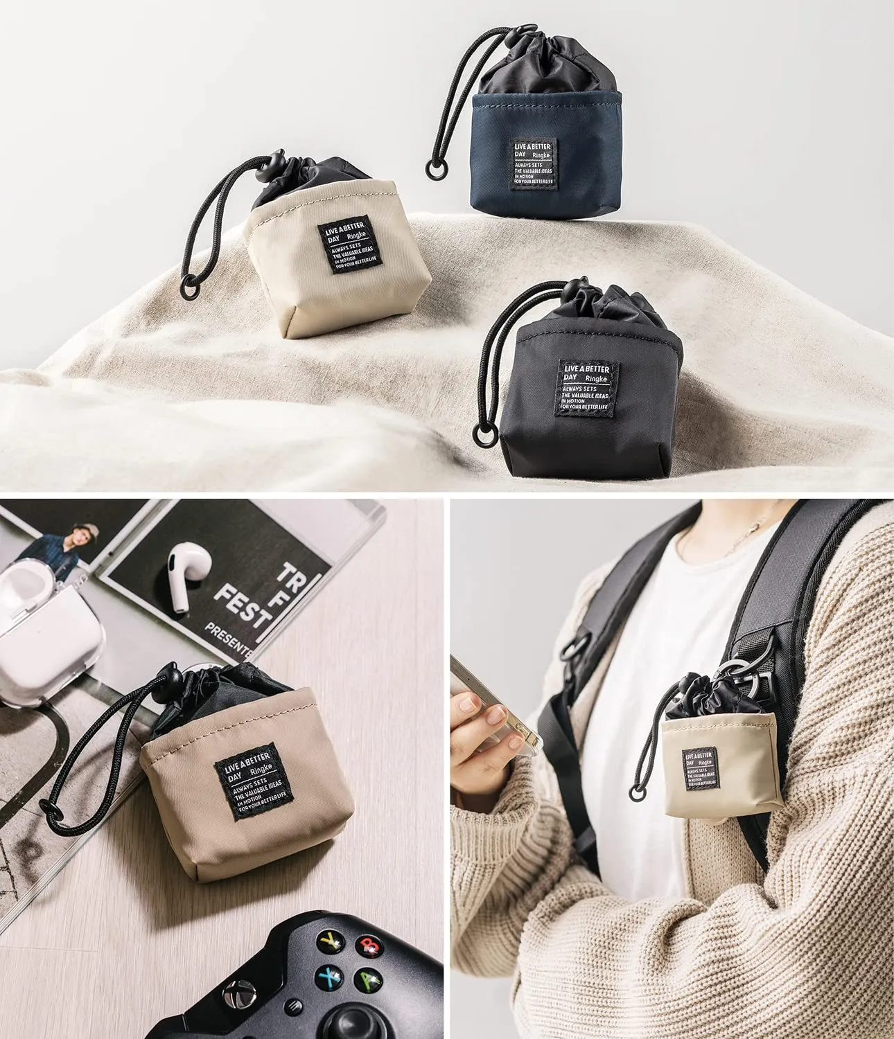 Mini Pouch [Bucket Bag] with O Ring Carabiner - Light Beige