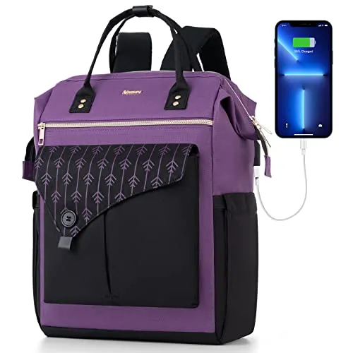 MOMUVO Laptop Backpack for Women Laptop Bag with USB Port, Student Bookbag Water Resistant Backpacks Teacher Doctor Nurse Work Backpack Stylish Travel Bags, Fits 17-Inch Laptop Purple Black