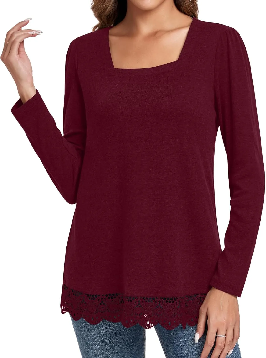 Netsmile Women's Casual Long Sleeve Square-Neck Tunic Tops Fall Winter Blouse with Lace Hem