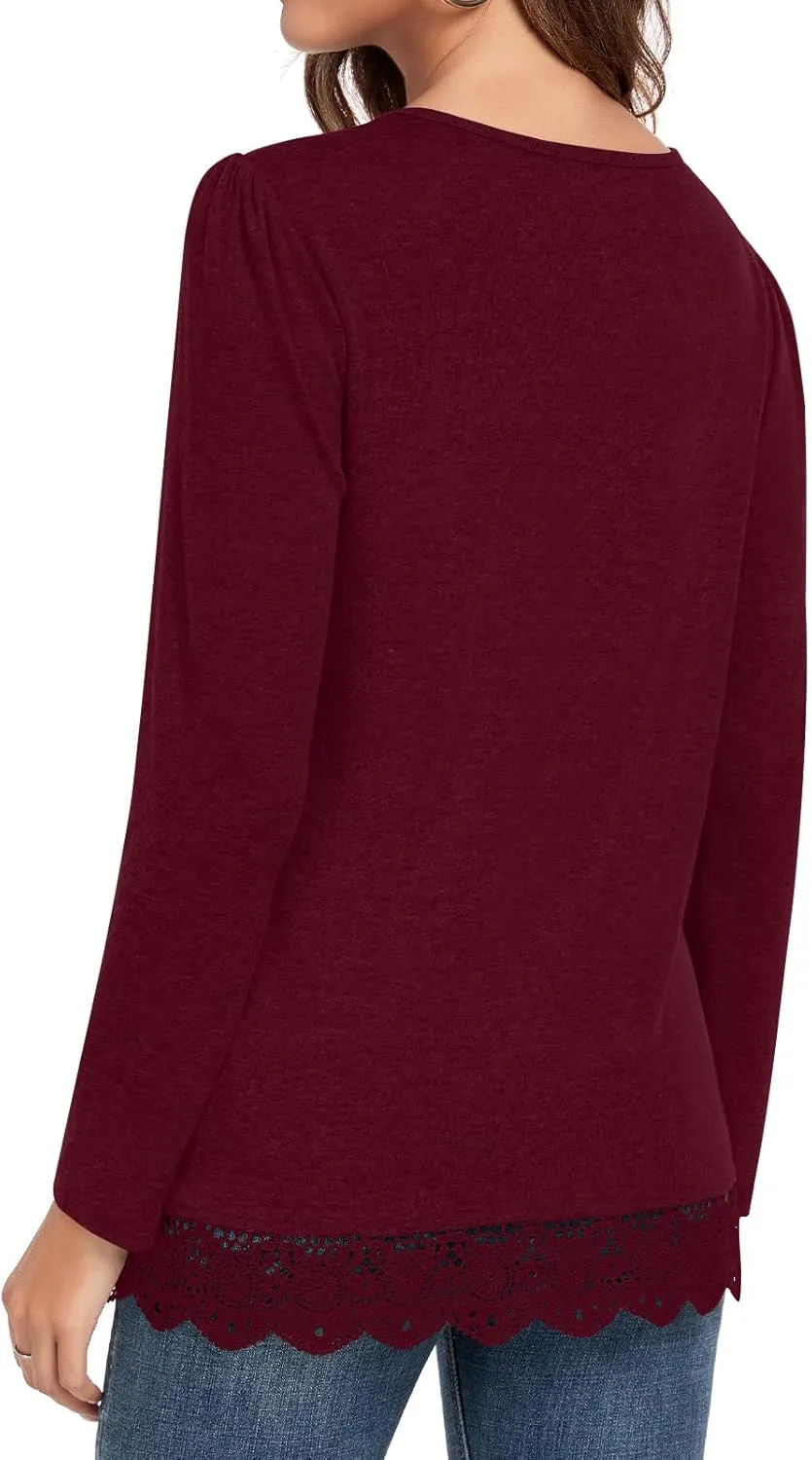 Netsmile Women's Casual Long Sleeve Square-Neck Tunic Tops Fall Winter Blouse with Lace Hem