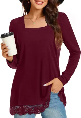 Netsmile Women's Casual Long Sleeve Square-Neck Tunic Tops Fall Winter Blouse with Lace Hem
