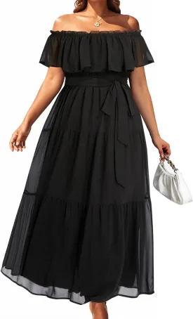 Plus Size Chiffon Off The Shoulder Maxi Long Floral Summer Casual Beach Boho Sundress Women 2024
