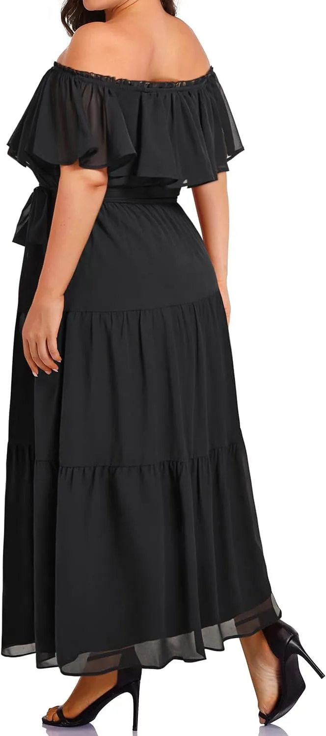 Plus Size Chiffon Off The Shoulder Maxi Long Floral Summer Casual Beach Boho Sundress Women 2024