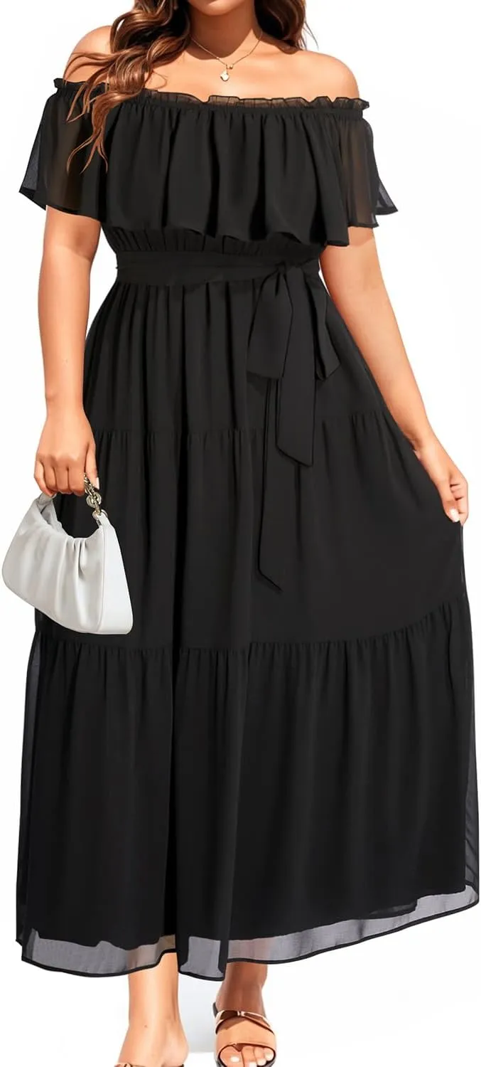 Plus Size Chiffon Off The Shoulder Maxi Long Floral Summer Casual Beach Boho Sundress Women 2024