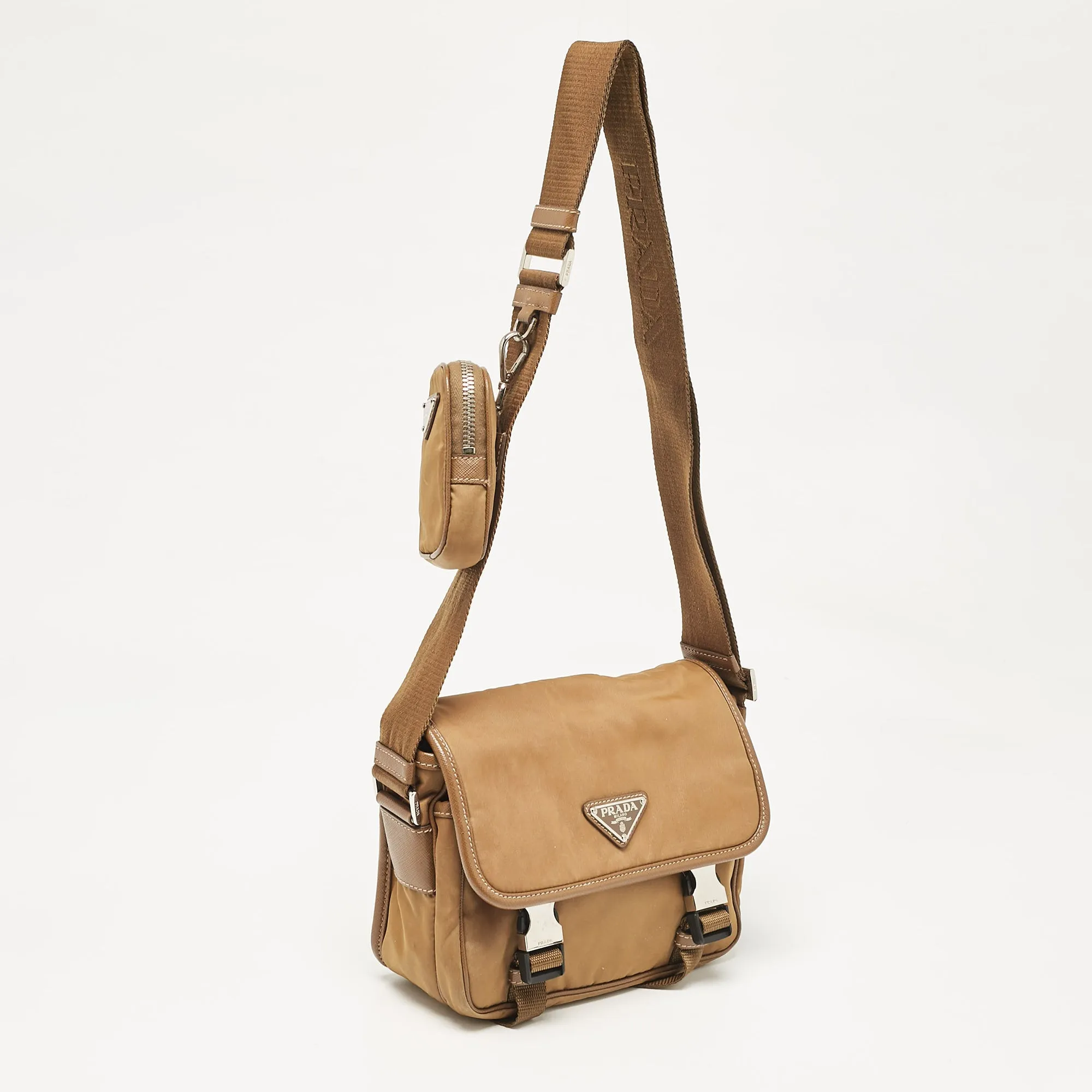 Prada Olive Green Leather And Nylon Flap Messenger Bag