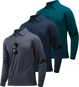 SWISSWELL Long Sleeve Polo Shirts for Men with Pocket 3 Pack Collared Moisture Wicking Performance Golf Shirts