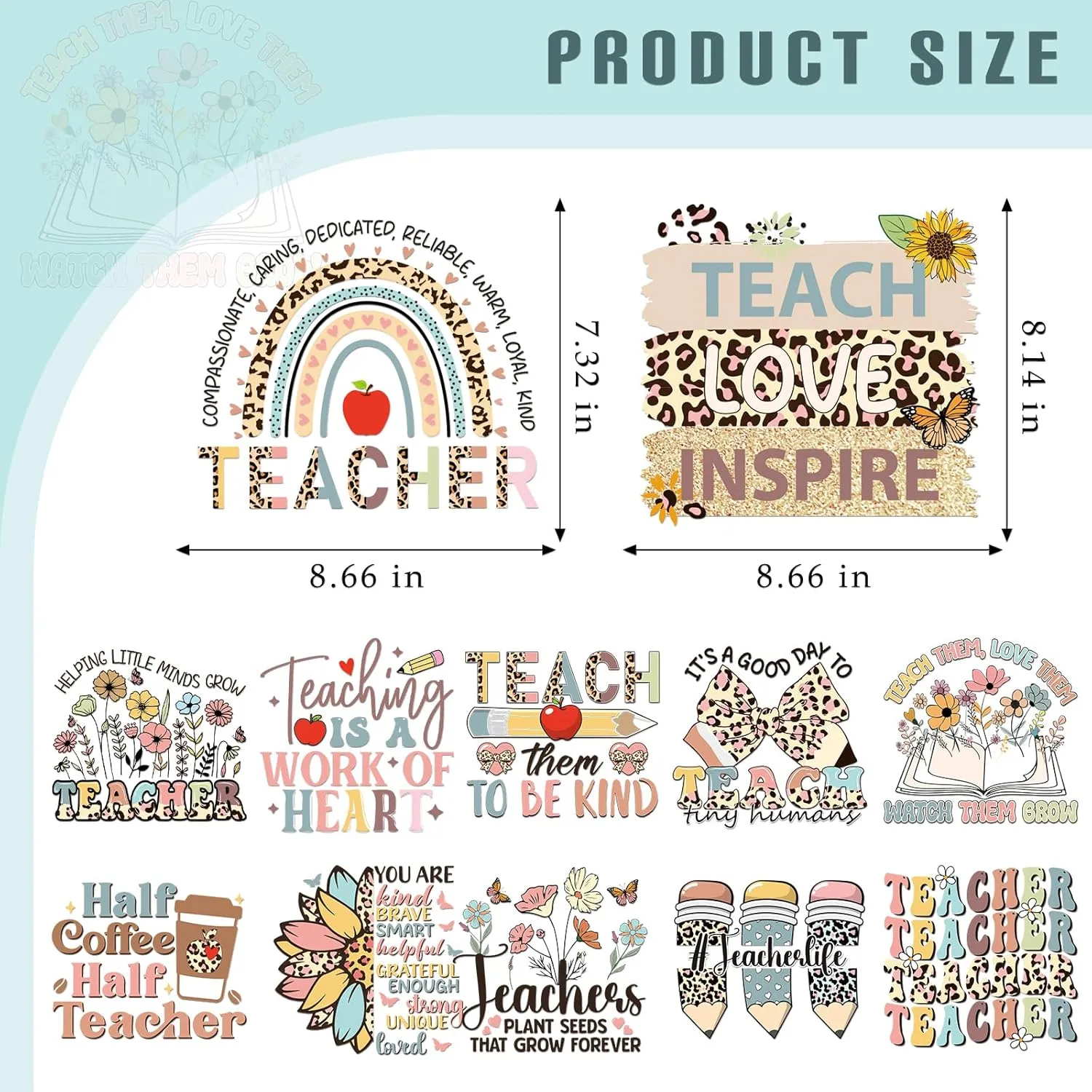 Teacher Iron on Transfers - 20 Sheets Teachers' Day DTF Heat Transfer Ready to Press Decals Patches Appliques Stickers Gift for Clothing T Shirts Clothes Hoodies Hat DIY Craft Decorations