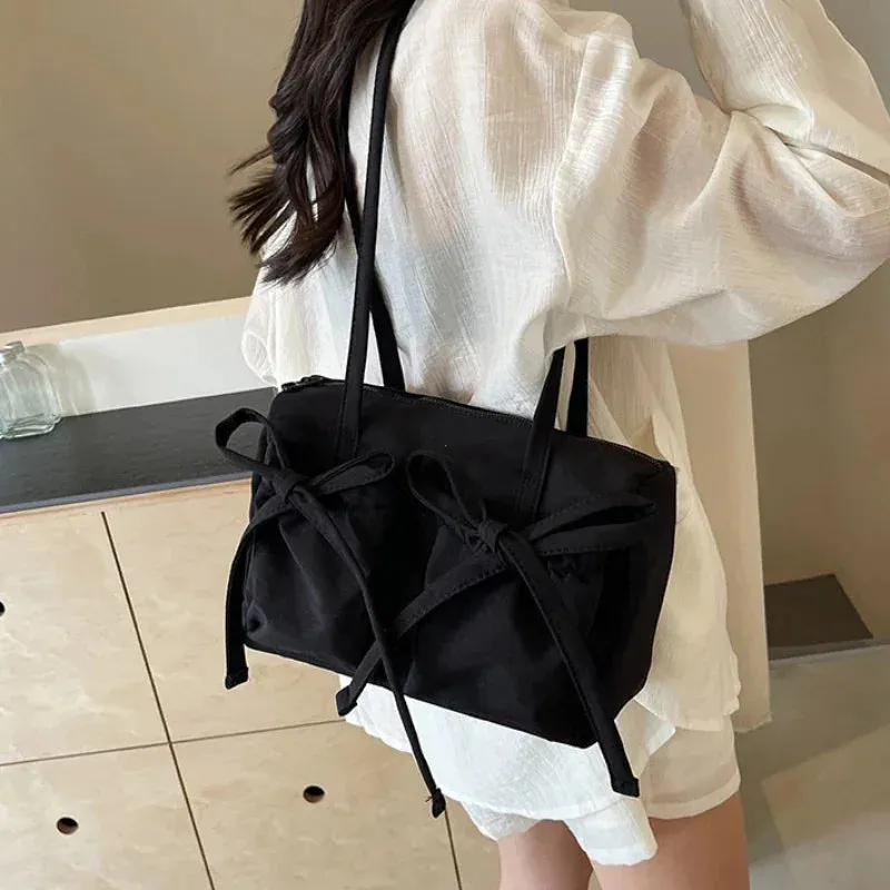 Vvsha 2024 New Korean Bow Nylon Shoulder Bag Fashionable and Sweet Design Tote Bag Folded Large Capacity Commuter Women's Handbag