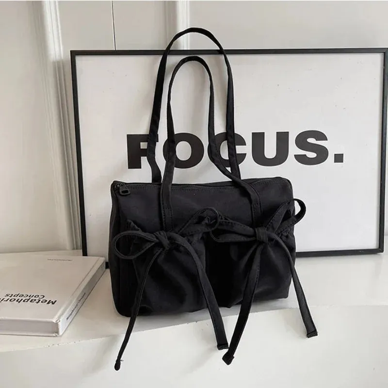 Vvsha 2024 New Korean Bow Nylon Shoulder Bag Fashionable and Sweet Design Tote Bag Folded Large Capacity Commuter Women's Handbag