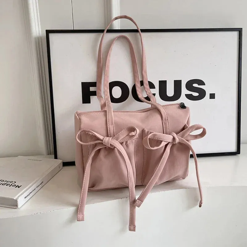 Vvsha 2024 New Korean Bow Nylon Shoulder Bag Fashionable and Sweet Design Tote Bag Folded Large Capacity Commuter Women's Handbag
