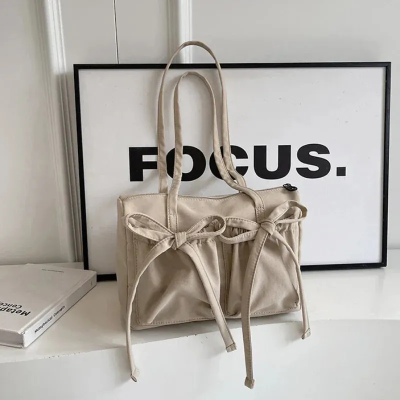 Vvsha 2024 New Korean Bow Nylon Shoulder Bag Fashionable and Sweet Design Tote Bag Folded Large Capacity Commuter Women's Handbag