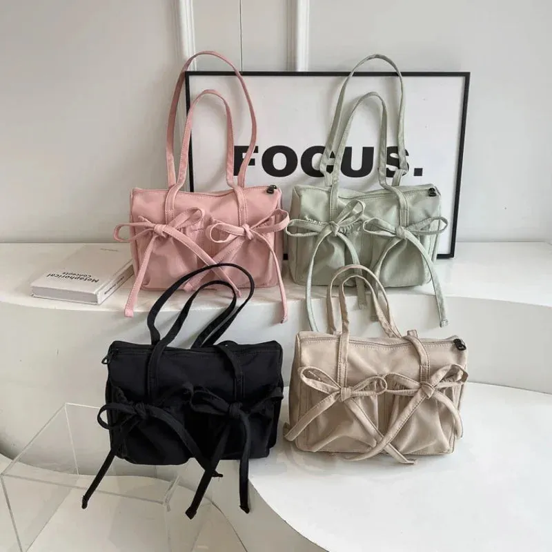 Vvsha 2024 New Korean Bow Nylon Shoulder Bag Fashionable and Sweet Design Tote Bag Folded Large Capacity Commuter Women's Handbag