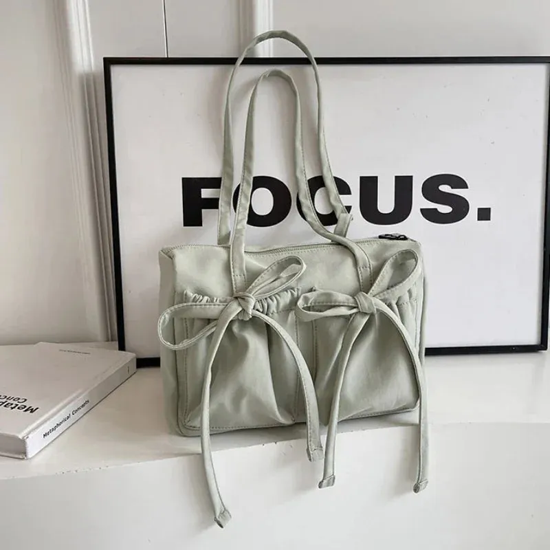 Vvsha 2024 New Korean Bow Nylon Shoulder Bag Fashionable and Sweet Design Tote Bag Folded Large Capacity Commuter Women's Handbag