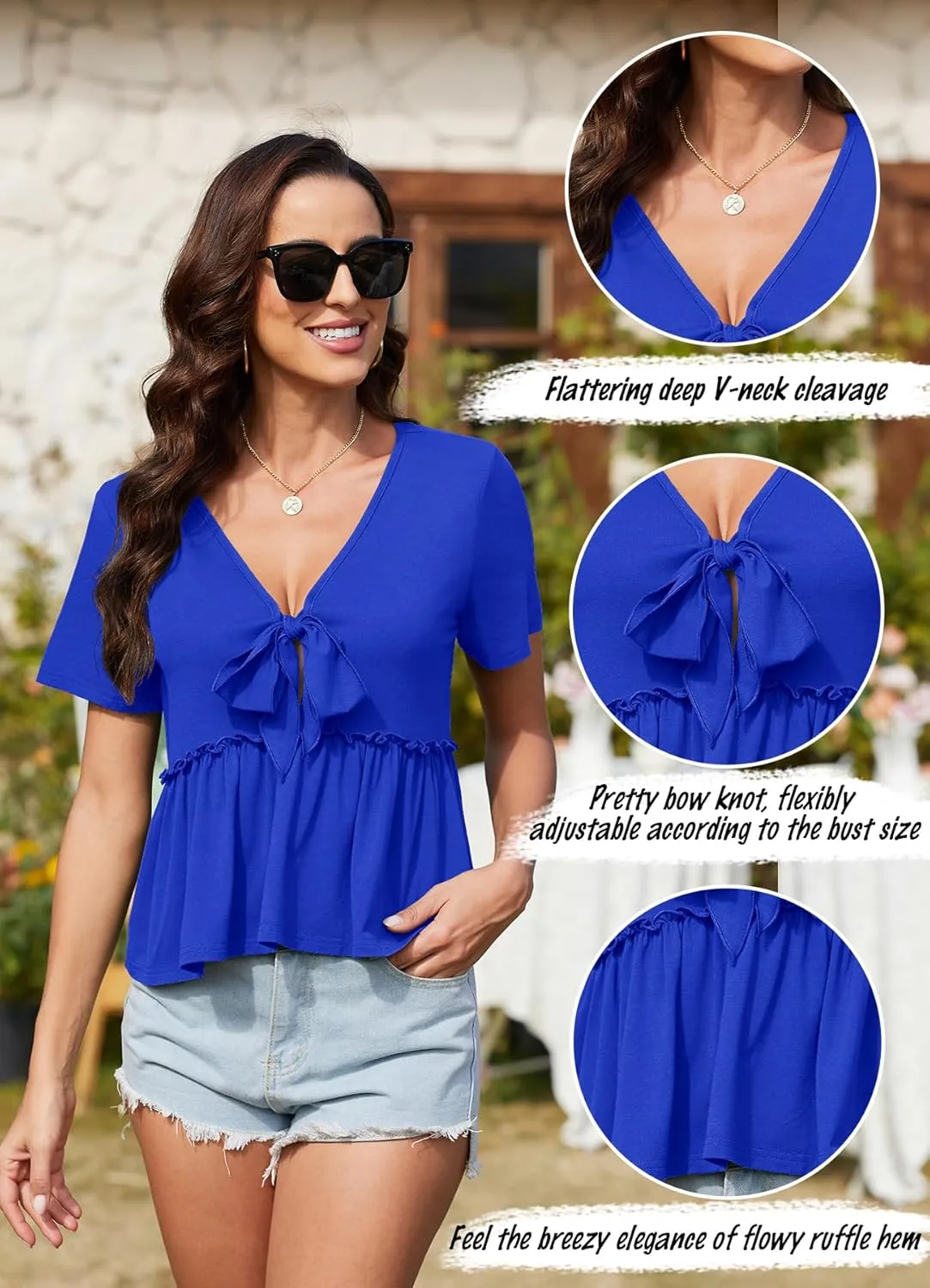 Womens Sexy V Neck Tops Summer Cute Ruffle Shirts Cutout Tie Bow Blouse Short Sleeve Crop Tops