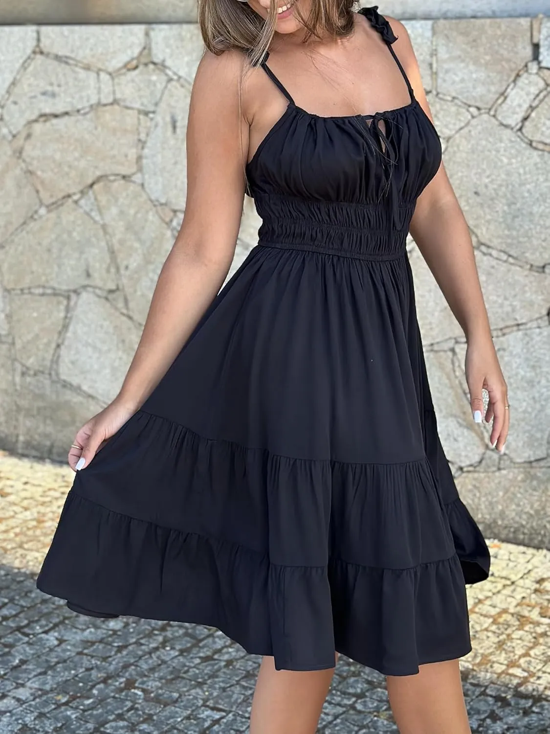 ZAFUL Womens Summer Spaghetti Strap Mini Dress Square Neck Sleeveless Smocked Waist Tiered Flowy Sundresses