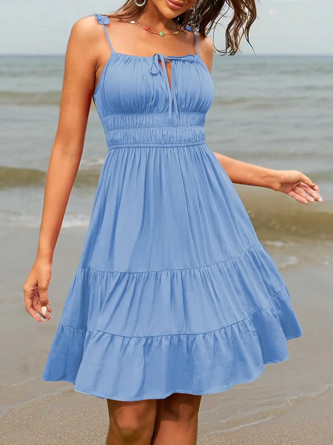 ZAFUL Womens Summer Spaghetti Strap Mini Dress Square Neck Sleeveless Smocked Waist Tiered Flowy Sundresses