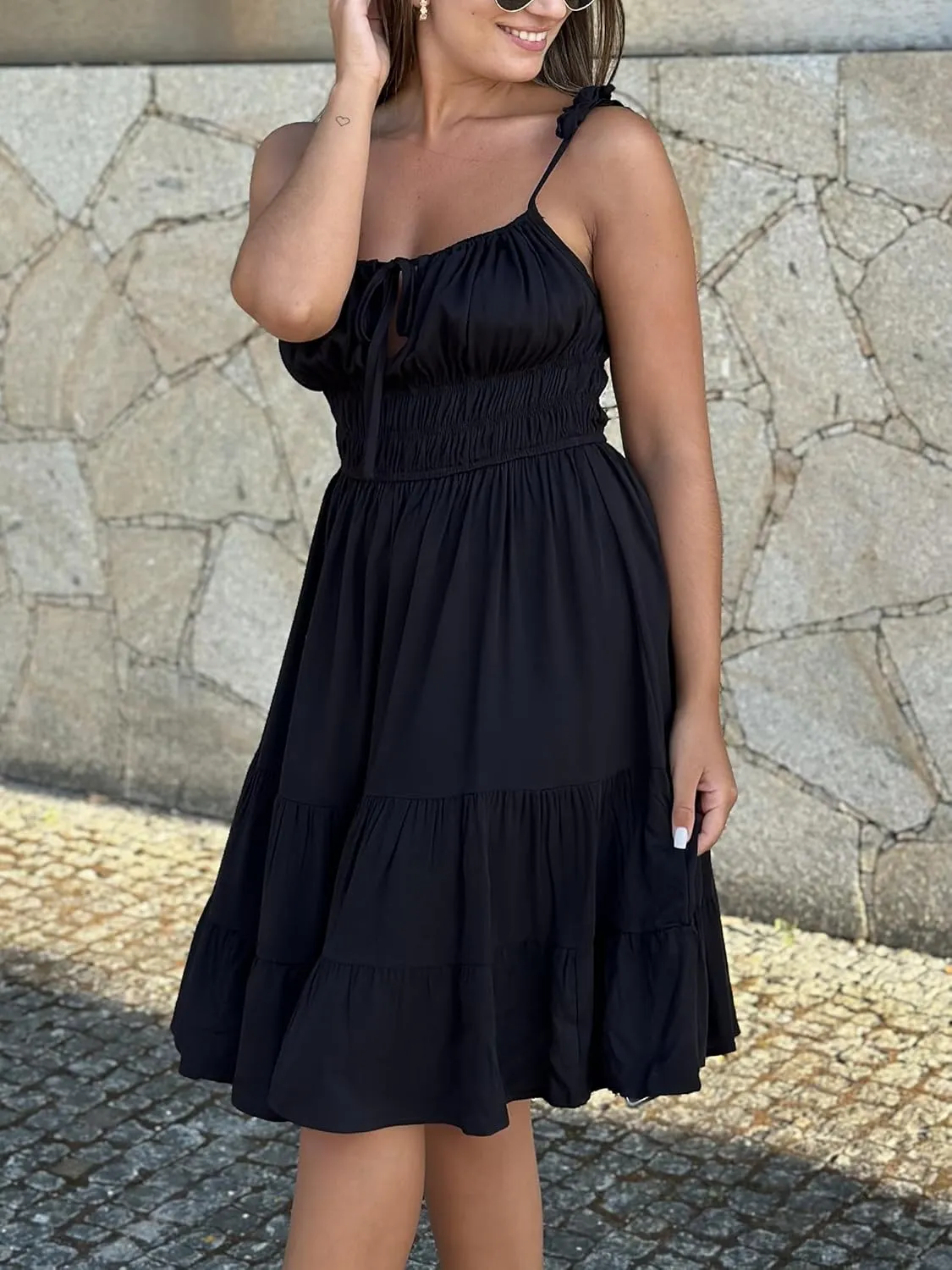 ZAFUL Womens Summer Spaghetti Strap Mini Dress Square Neck Sleeveless Smocked Waist Tiered Flowy Sundresses