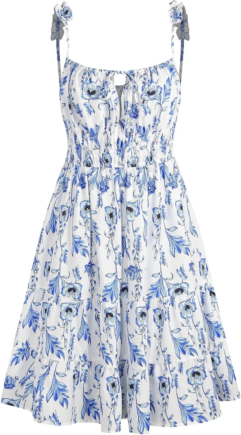 ZAFUL Womens Summer Spaghetti Strap Mini Dress Square Neck Sleeveless Smocked Waist Tiered Flowy Sundresses
