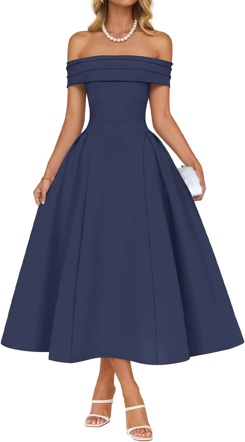 ZESICA Cocktail Dresses for Women's Elegant Off Shoulder Short Sleeve Swing A Line Wedding Evening Party Midi Dress