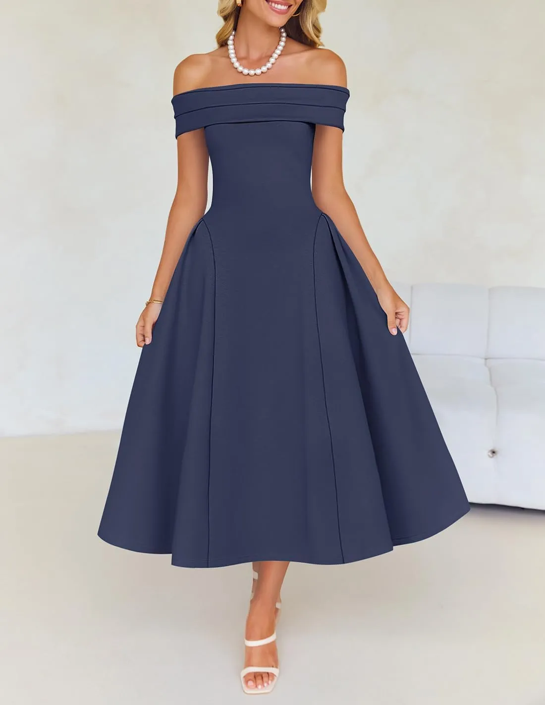 ZESICA Cocktail Dresses for Women's Elegant Off Shoulder Short Sleeve Swing A Line Wedding Evening Party Midi Dress