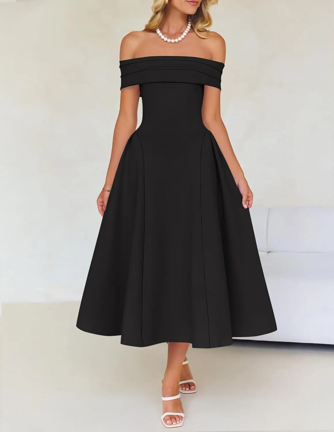 ZESICA Cocktail Dresses for Women's Elegant Off Shoulder Short Sleeve Swing A Line Wedding Evening Party Midi Dress