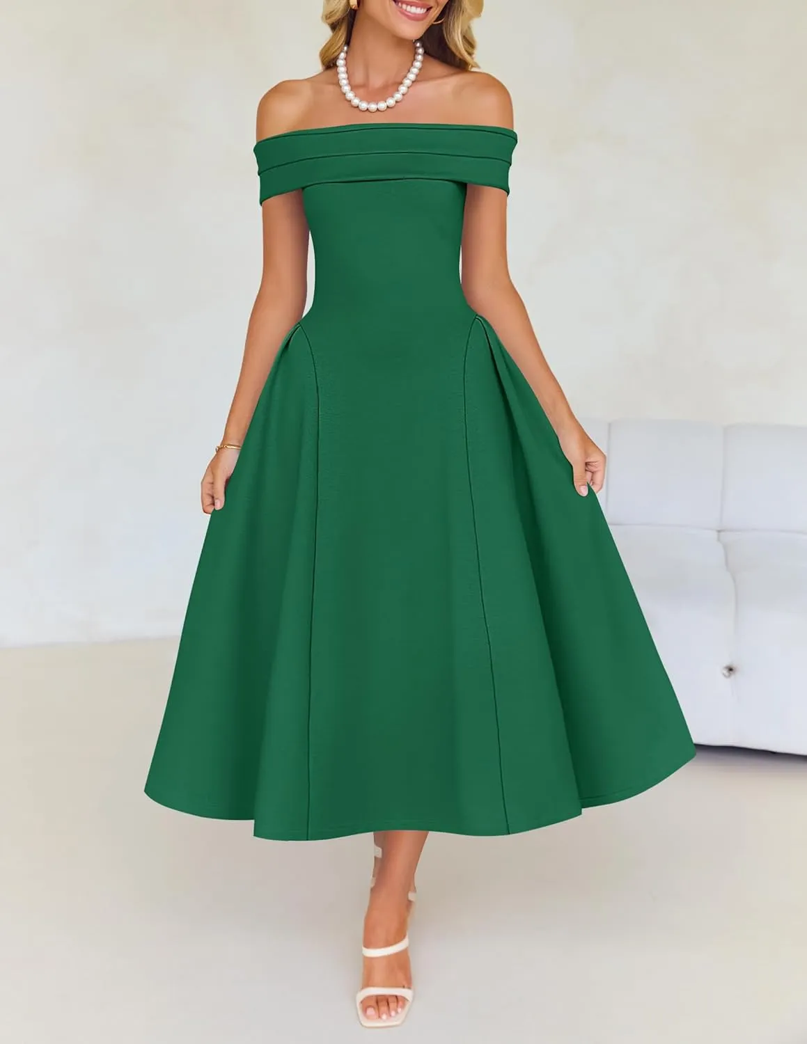 ZESICA Cocktail Dresses for Women's Elegant Off Shoulder Short Sleeve Swing A Line Wedding Evening Party Midi Dress