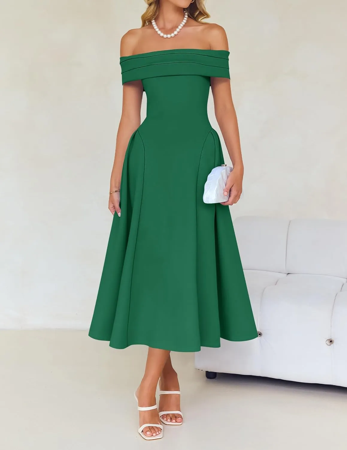 ZESICA Cocktail Dresses for Women's Elegant Off Shoulder Short Sleeve Swing A Line Wedding Evening Party Midi Dress