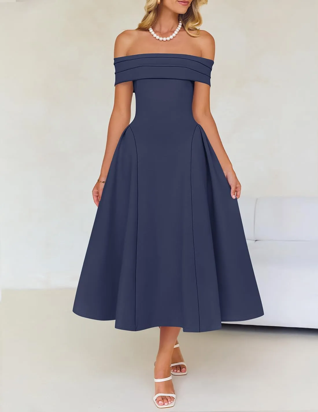 ZESICA Cocktail Dresses for Women's Elegant Off Shoulder Short Sleeve Swing A Line Wedding Evening Party Midi Dress