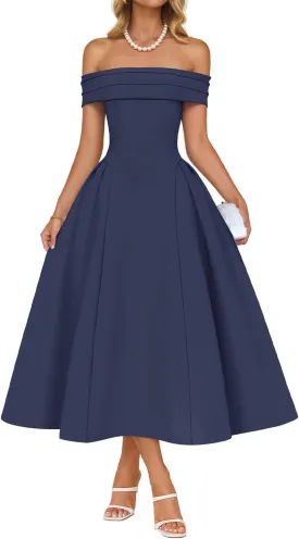 ZESICA Cocktail Dresses for Women's Elegant Off Shoulder Short Sleeve Swing A Line Wedding Evening Party Midi Dress