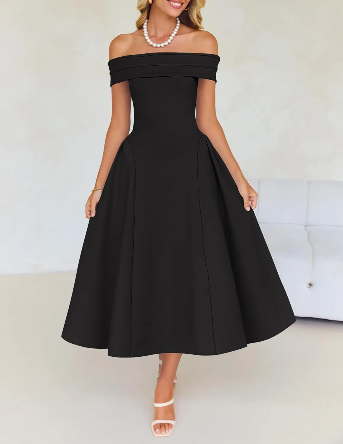 ZESICA Cocktail Dresses for Women's Elegant Off Shoulder Short Sleeve Swing A Line Wedding Evening Party Midi Dress