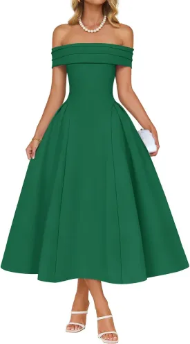 ZESICA Cocktail Dresses for Women's Elegant Off Shoulder Short Sleeve Swing A Line Wedding Evening Party Midi Dress