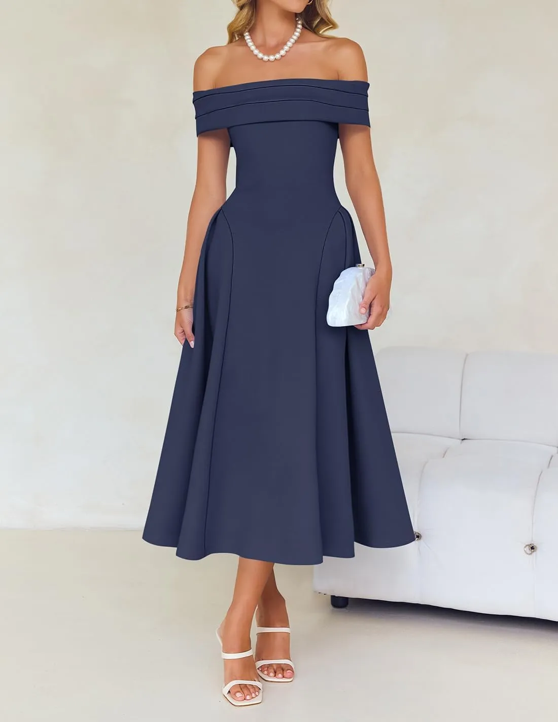 ZESICA Cocktail Dresses for Women's Elegant Off Shoulder Short Sleeve Swing A Line Wedding Evening Party Midi Dress