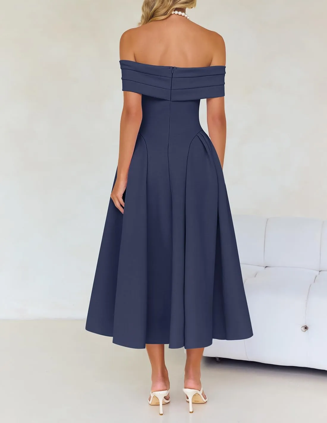 ZESICA Cocktail Dresses for Women's Elegant Off Shoulder Short Sleeve Swing A Line Wedding Evening Party Midi Dress
