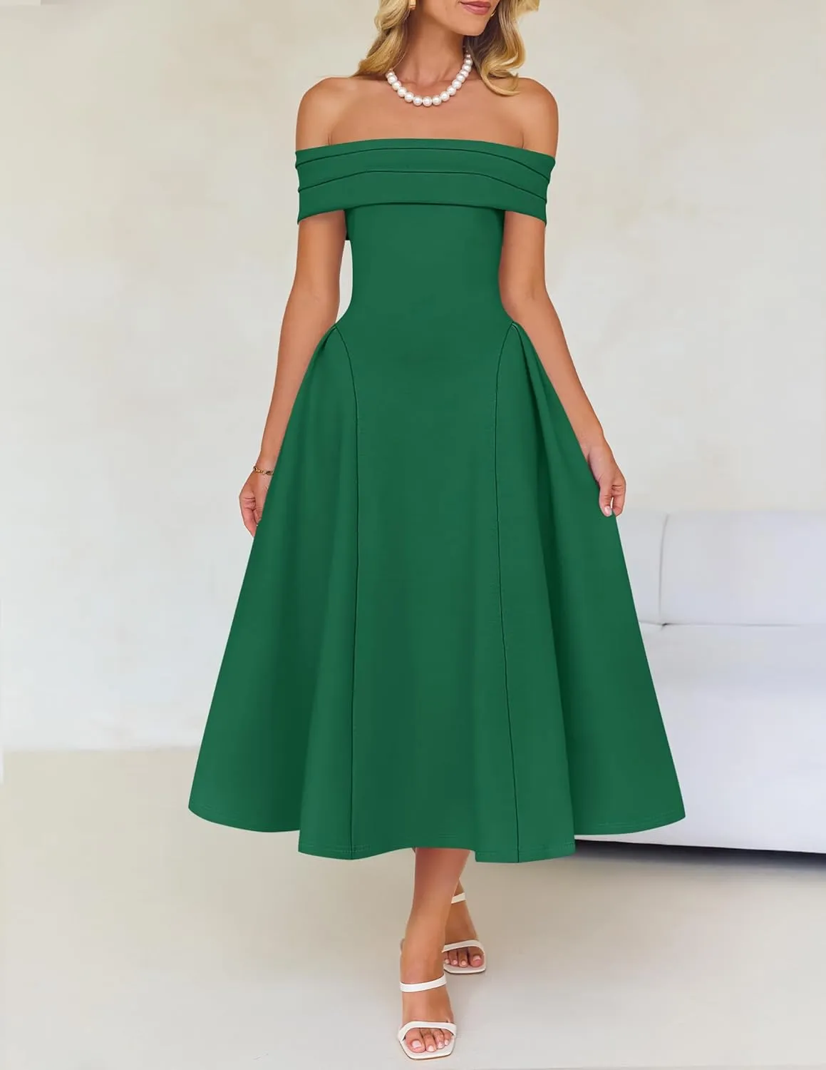 ZESICA Cocktail Dresses for Women's Elegant Off Shoulder Short Sleeve Swing A Line Wedding Evening Party Midi Dress