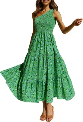 ZESICA Women's 2025 Bohemian Summer Floral Print One Shoulder Sleeveless Smocked Ruffle Tiered Beach Long Midi Dress