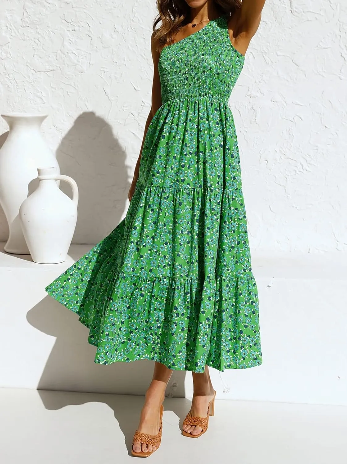 ZESICA Women's 2025 Bohemian Summer Floral Print One Shoulder Sleeveless Smocked Ruffle Tiered Beach Long Midi Dress
