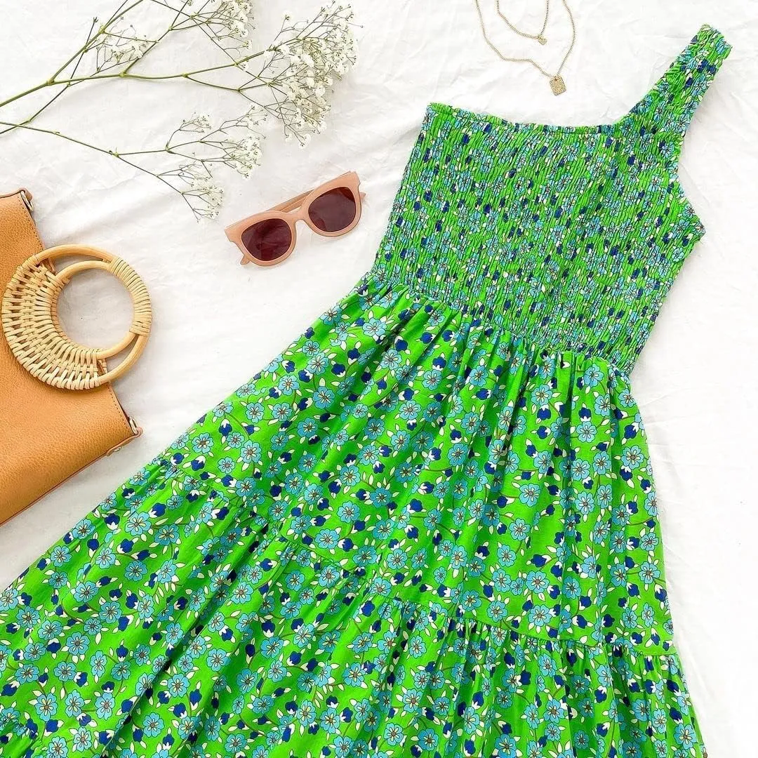 ZESICA Women's 2025 Bohemian Summer Floral Print One Shoulder Sleeveless Smocked Ruffle Tiered Beach Long Midi Dress