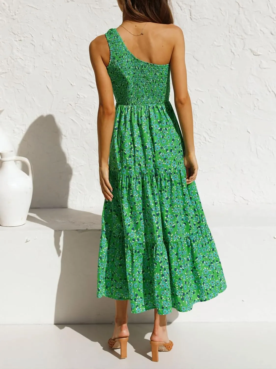 ZESICA Women's 2025 Bohemian Summer Floral Print One Shoulder Sleeveless Smocked Ruffle Tiered Beach Long Midi Dress